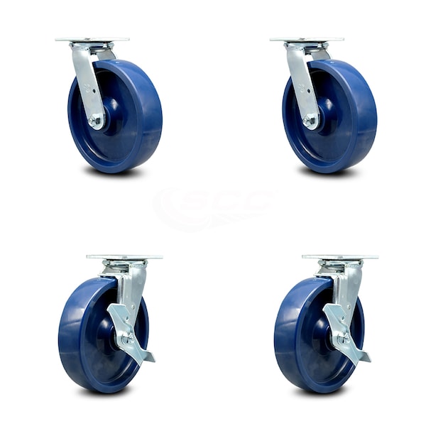 8 Inch Solid Polyurethane Swivel Caster Set with Ball Bearing 2 Brake SCC